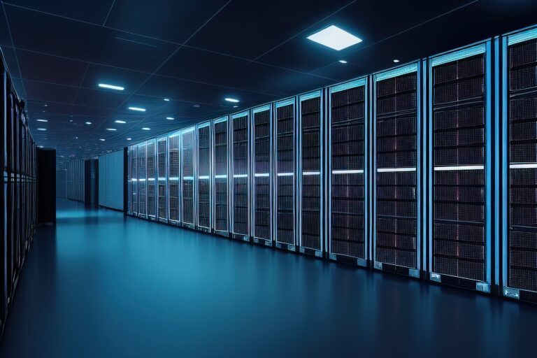 racks serveurs dans centre donnees salle serveurs securite du reseau informatique rendre ai generative bleu fonce